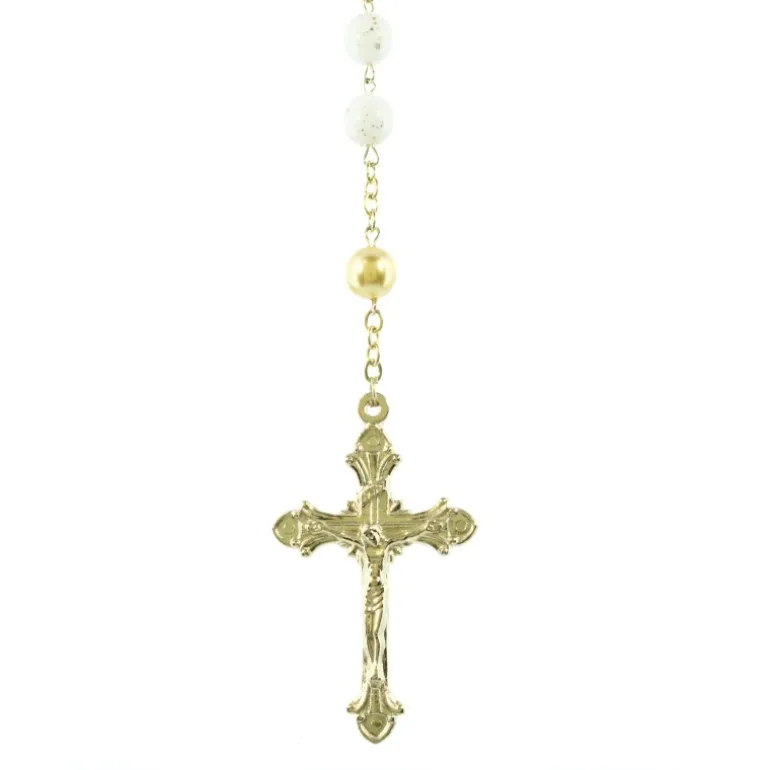 Palais du Rosaire Chapelet Dorées en Perles Blanches et Coeur Vierge Miraculeuse^ Chapelet Métal
