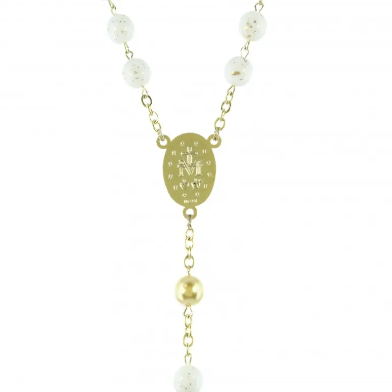 Palais du Rosaire Chapelet Dorées en Perles Blanches et Coeur Vierge Miraculeuse^ Chapelet Métal