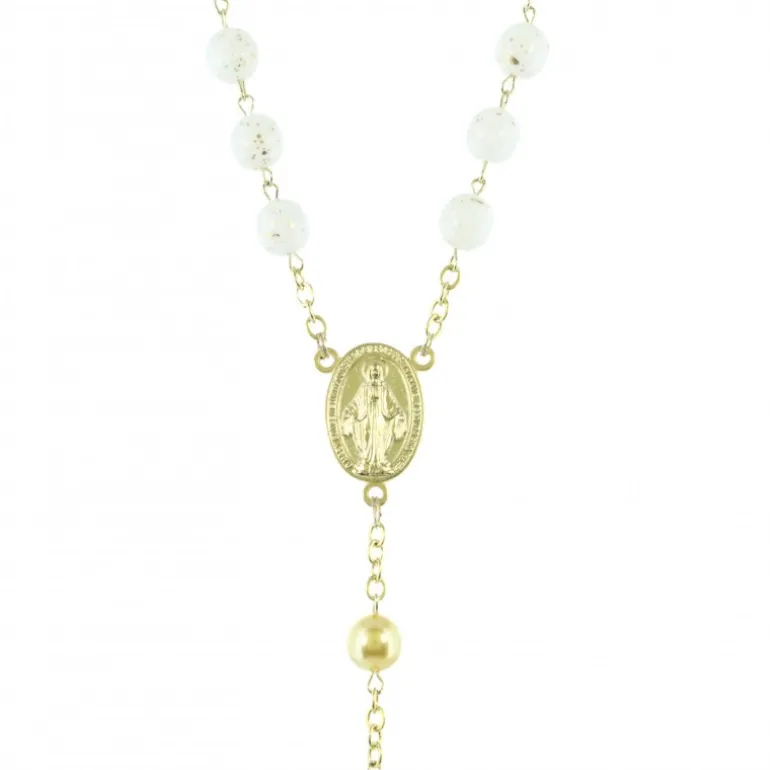 Palais du Rosaire Chapelet Dorées en Perles Blanches et Coeur Vierge Miraculeuse^ Chapelet Métal