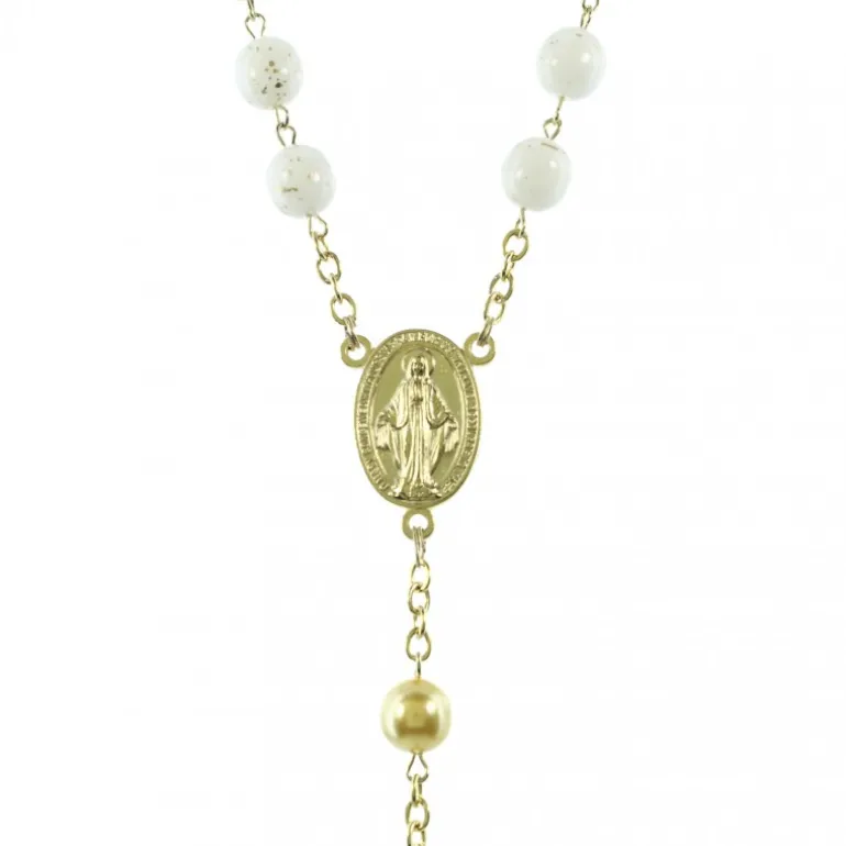 Palais du Rosaire Chapelet Dorées en Perles Blanches et Coeur Vierge Miraculeuse^ Chapelet Métal