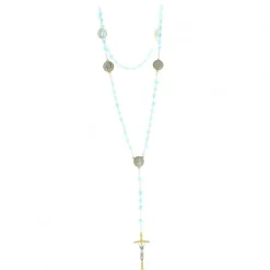 Palais du Rosaire Chapelet du Christ Miséricordieux avec croix pastorale et grains en verre bleux et patters et coeur en métal bicolor^ Chapelet Métal | Chapelet Verre