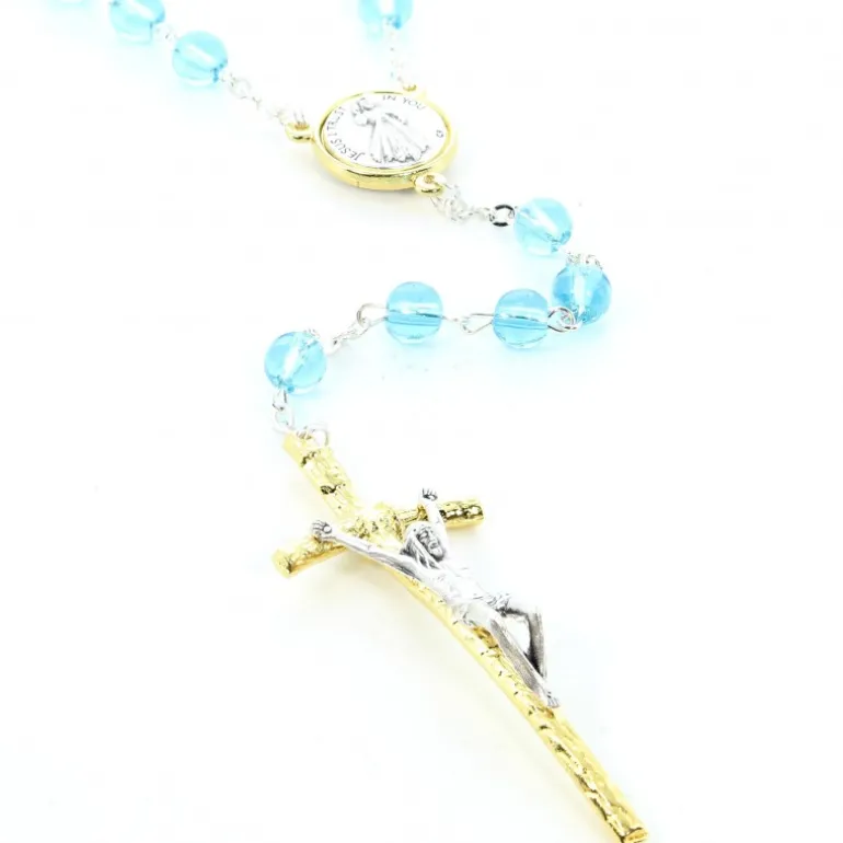 Palais du Rosaire Chapelet du Christ Miséricordieux avec croix pastorale et grains en verre bleux et patters et coeur en métal bicolor^ Chapelet Métal | Chapelet Verre