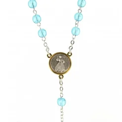 Palais du Rosaire Chapelet du Christ Miséricordieux avec croix pastorale et grains en verre bleux et patters et coeur en métal bicolor^ Chapelet Métal | Chapelet Verre