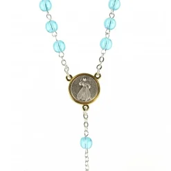 Palais du Rosaire Chapelet du Christ Miséricordieux avec croix pastorale et grains en verre bleux et patters et coeur en métal bicolor^ Chapelet Métal | Chapelet Verre