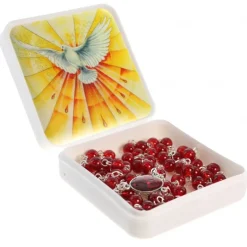 Palais du Rosaire Chapelet du Saint Esprit en verre rouge avec sa boite décorée^ Autre Chapelet De Devotion | Chapelet Verre