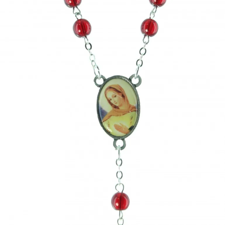 Palais du Rosaire Chapelet dévotion de la Flamme d'Amour en résine rouge et chaîne argentée^ Chapelet Résine