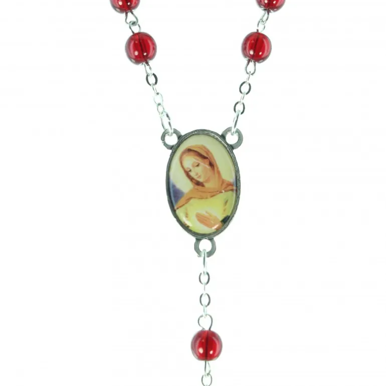 Palais du Rosaire Chapelet dévotion de la Flamme d'Amour en résine rouge et chaîne argentée^ Chapelet Résine