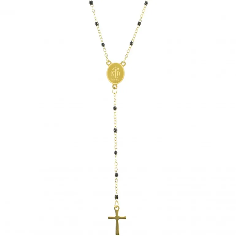 Palais du Rosaire Chapelet en acier doré avec des perles noires^ Chapelet Métal