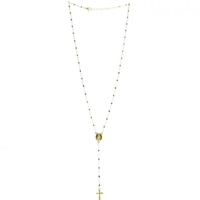 Palais du Rosaire Chapelet en acier doré avec des perles noires^ Chapelet Métal