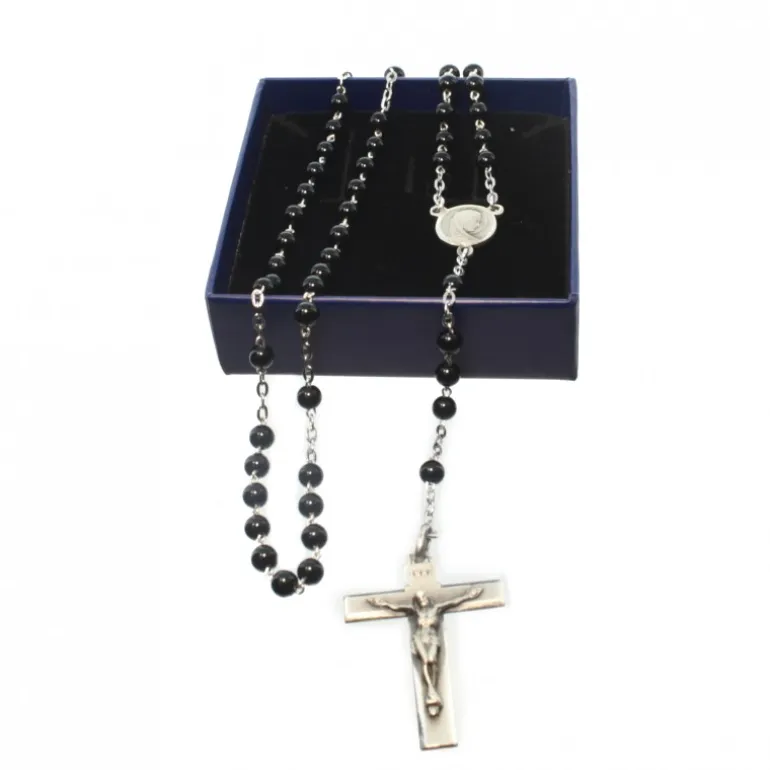 Palais du Rosaire Chapelet en Argent et pierre d'Agathe Noire de 4mm^ Chapelet Argent