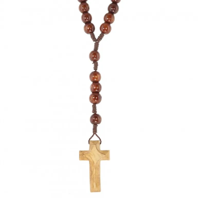 Palais du Rosaire Chapelet en corde avec grains en bois foncé de 12mm et croix en bois d'olivier^ Chapelet Corde