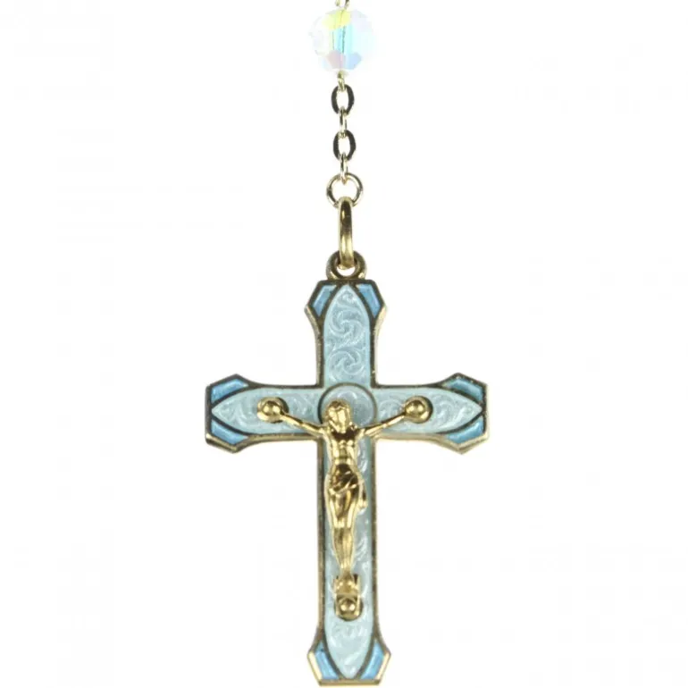 Palais du Rosaire Chapelet en Cristal de Bohême coeur et croix émail bleu^ Chapelet Cristal