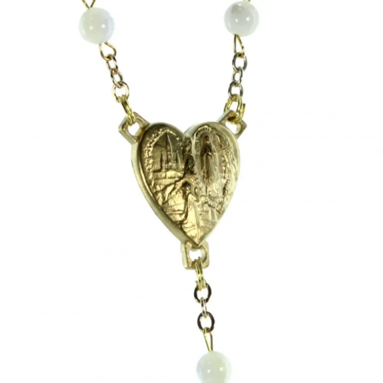 Palais du Rosaire Chapelet en nacre avec coeur de l'Apparitionn de Lourdes doré^ Chapelet Nacre
