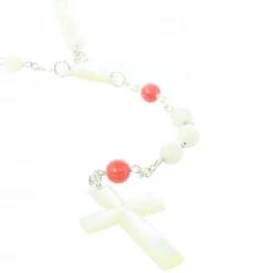 Palais du Rosaire Chapelet en nacre avec paters corail rose et croix en nacre^ Communion | Chapelet Nacre