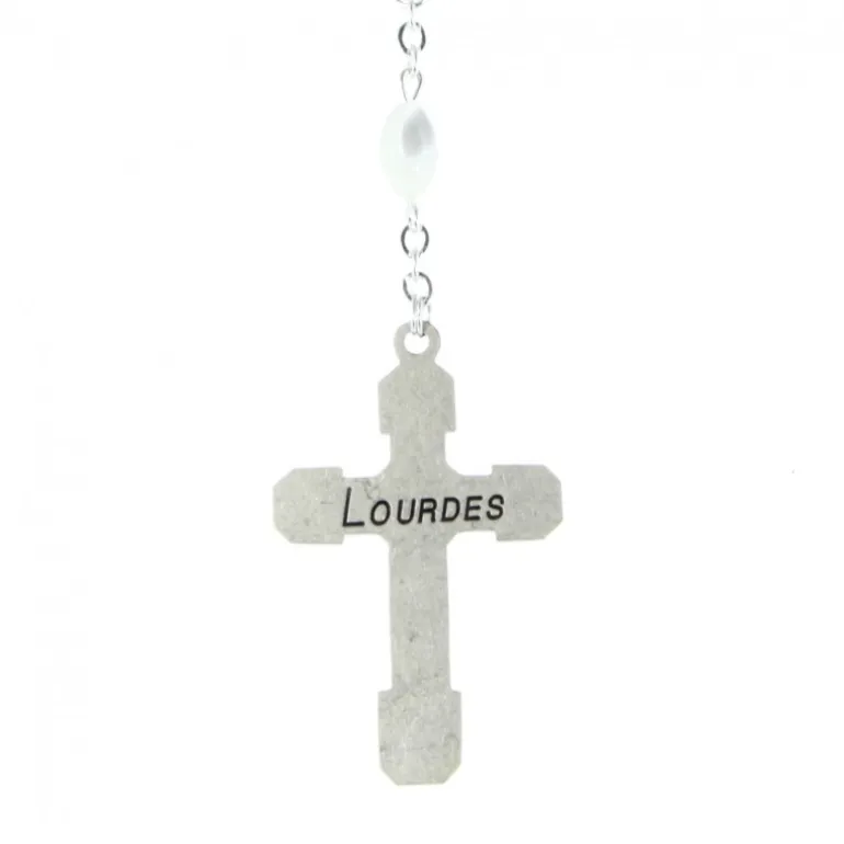 Palais du Rosaire Chapelet en nacre perle ovale 5x8mm coeur argenté Notre-Dame de Lourdes^ Chapelet Nacre