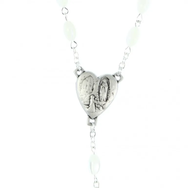Palais du Rosaire Chapelet en nacre perle ovale 5x8mm coeur argenté Notre-Dame de Lourdes^ Chapelet Nacre