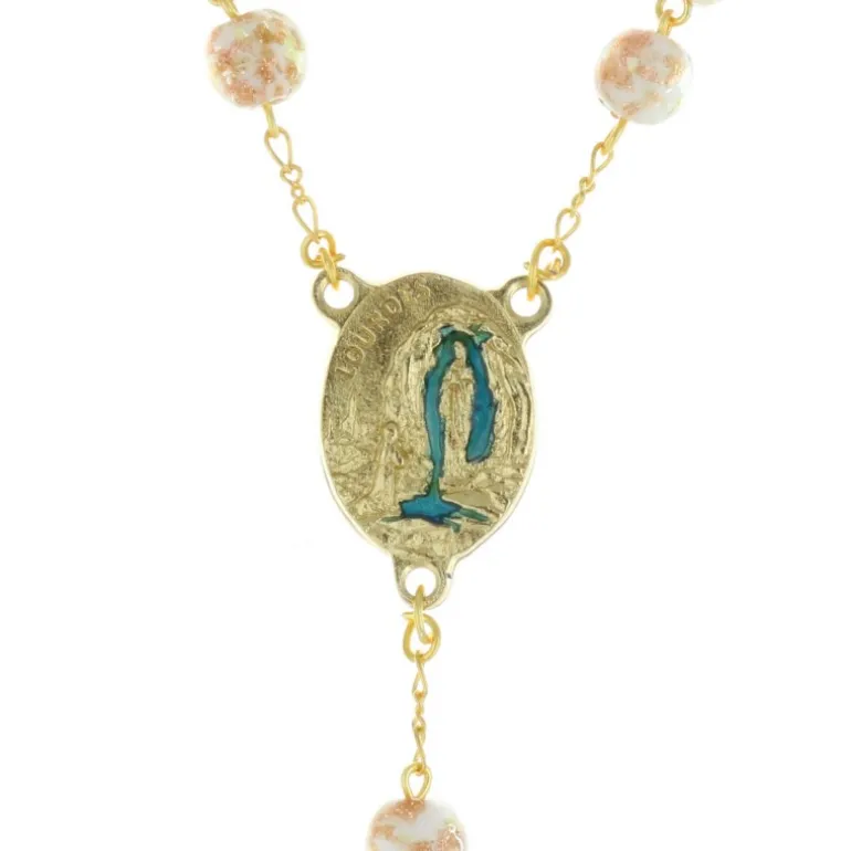 Palais du Rosaire Chapelet en verre de Murano, croix en métal doré et Coeur avec Eau de Lourdes^ Chapelet De Lourdes | Chapelet Verre