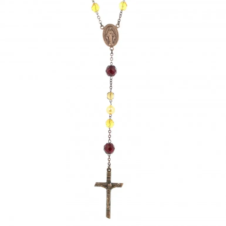 Palais du Rosaire Chapelet en verre tons ambres avec coeur Vierge Miraculeuse et perles violettes^ Chapelet De La Vierge Miraculeuse | Chapelet Verre