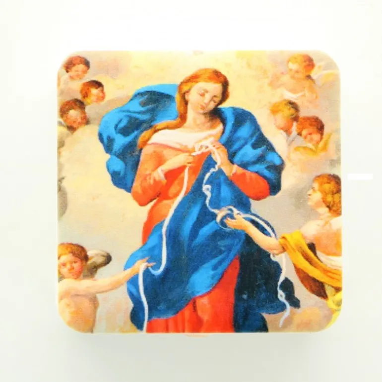 Palais du Rosaire Chapelet Marie qui défait les noeuds, grains bois sur corde avec boite décorée^ Chapelet Corde | Chapelet Bois