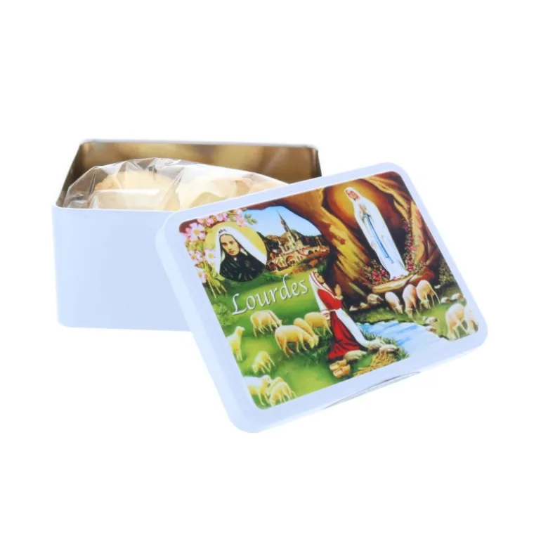 Palais du Rosaire Coffret gourmand, Apparition de Lourdes et biscuits sablés 120 g en boîte métal^ Coffret Gourmand Lourdes