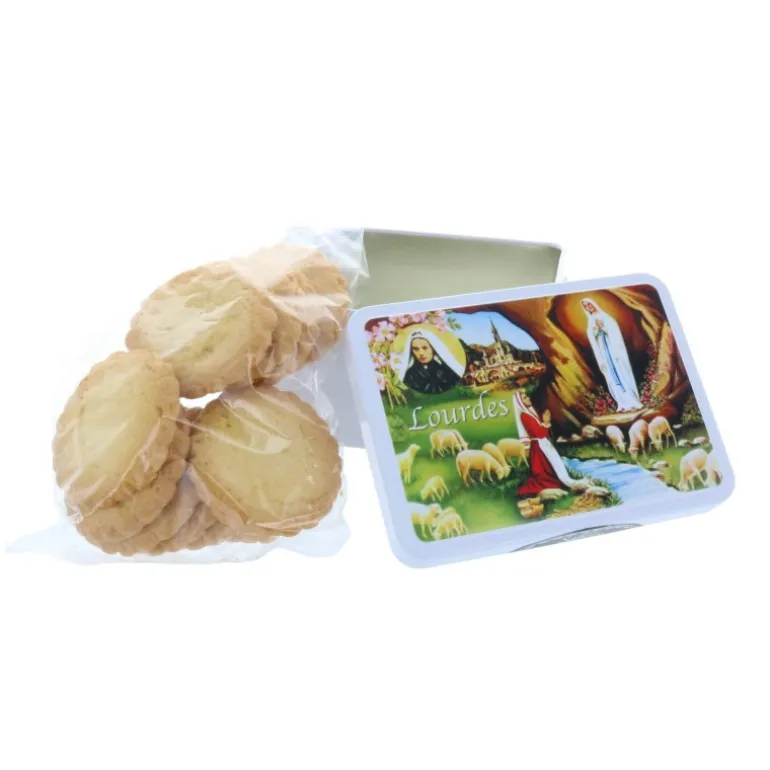 Palais du Rosaire Coffret gourmand, Apparition de Lourdes et biscuits sablés 120 g en boîte métal^ Coffret Gourmand Lourdes