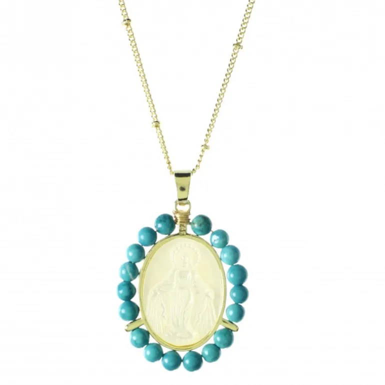 Palais du Rosaire Collier de la Vierge Miraculeuse doré entouré de pierres de turquoise^ Collier Fantaisie