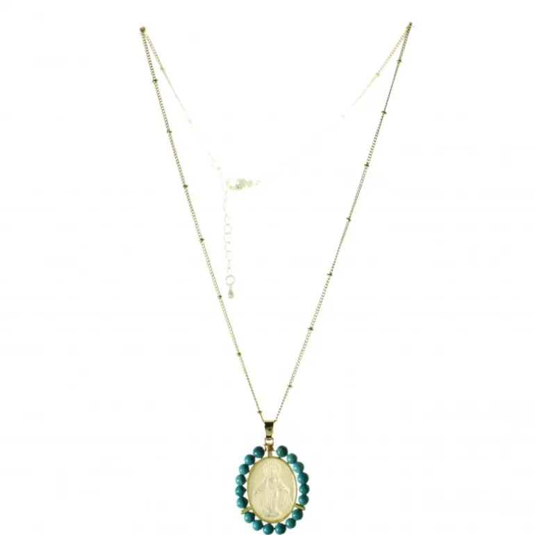 Palais du Rosaire Collier de la Vierge Miraculeuse doré entouré de pierres de turquoise^ Collier Fantaisie