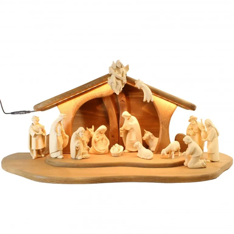 Palais du Rosaire Crèche en bois 19 pièces éclairage LED 13 cm^ Crèche