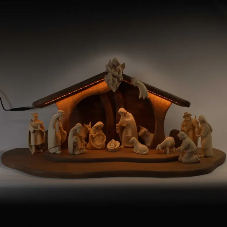 Palais du Rosaire Crèche en bois 19 pièces éclairage LED 13 cm^ Crèche