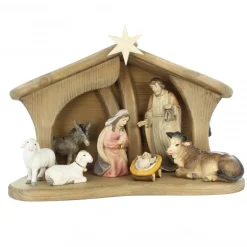 Palais du Rosaire Crèche en bois de 15 cm et 9 pièces éclairage LED^ Crèche | Statue En Bois