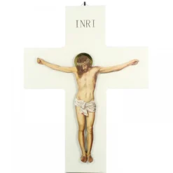 Palais du Rosaire Croix blanche en bois avec image réaliste du Christ 24x9cm^ Croix Religieuse
