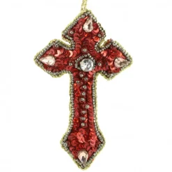 Palais du Rosaire Croix brodée rouge avec strass et sequins à suspendre^ Croix Religieuse