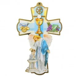 Palais du Rosaire croix de Communion bleu en bois décoré^ Communion | Croix Religieuse