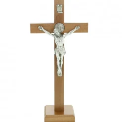 Palais du Rosaire Croix de Saint Benoit de 26cm sur pied en bois et Christ argenté^ Crucifix Bois