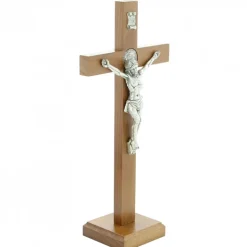 Palais du Rosaire Croix de Saint Benoit de 26cm sur pied en bois et Christ argenté^ Crucifix Bois