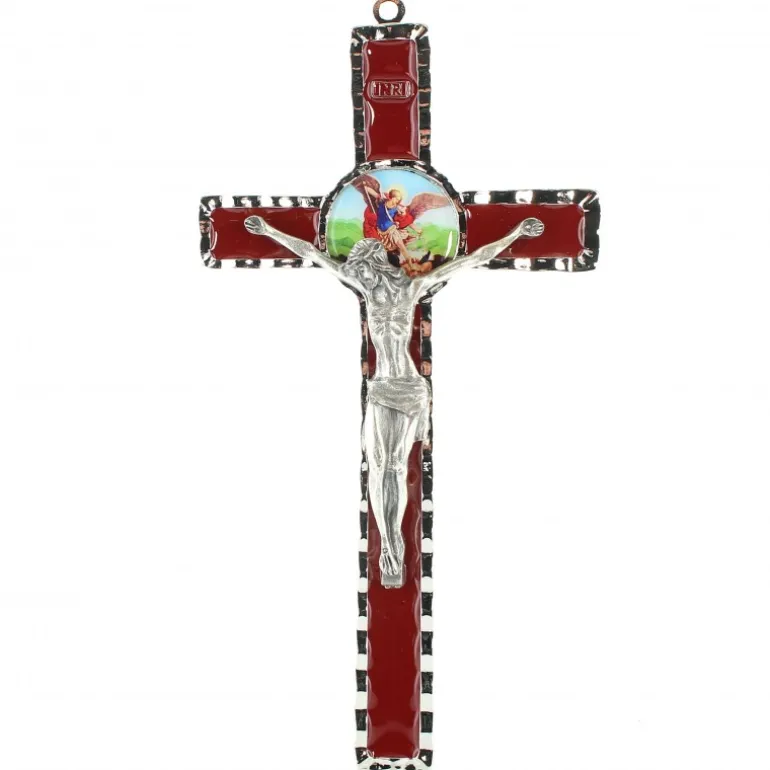 Palais du Rosaire Croix de Saint Michel en métal et fond rouge 10x18cm^ Médaille Et Croix Métal | Crucifix Métal