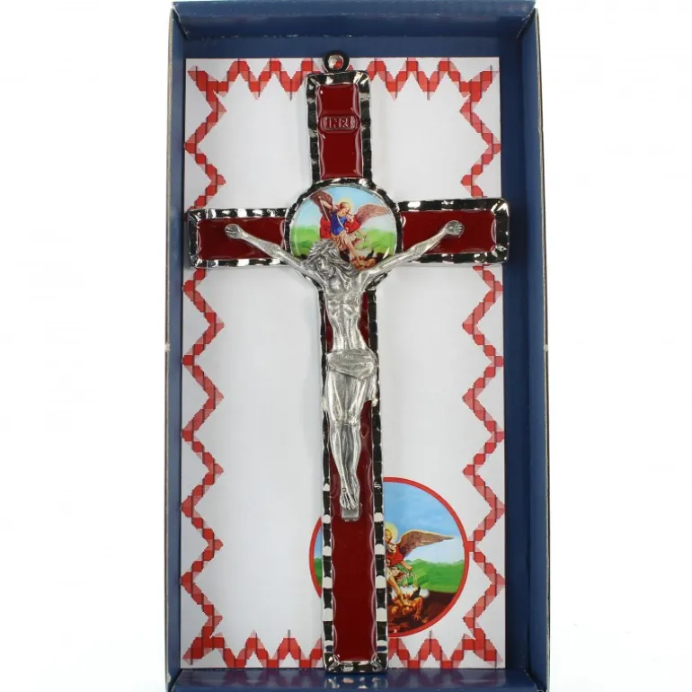 Palais du Rosaire Croix de Saint Michel en métal et fond rouge 10x18cm^ Médaille Et Croix Métal | Crucifix Métal