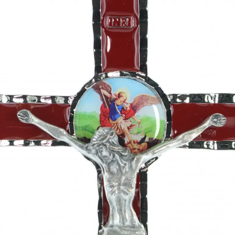 Palais du Rosaire Croix de Saint Michel en métal et fond rouge 10x18cm^ Médaille Et Croix Métal | Crucifix Métal