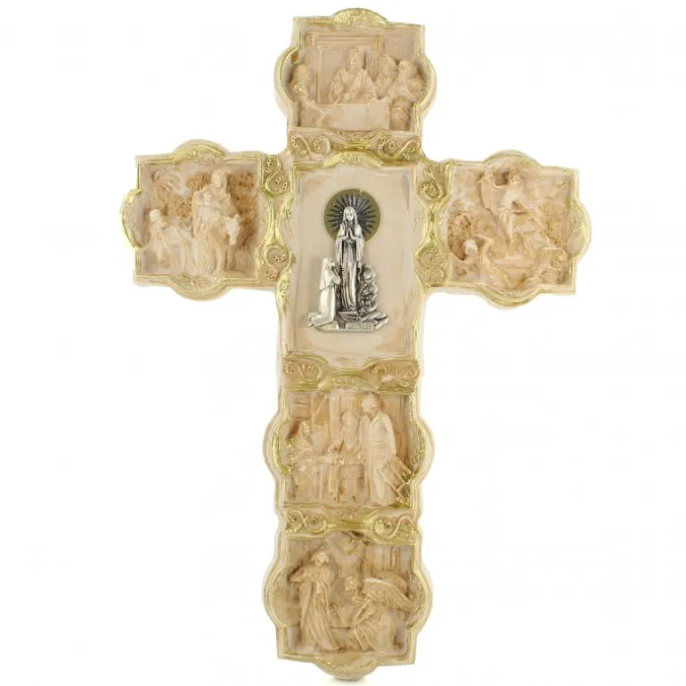 Palais du Rosaire Croix des 4 évangélistes avec l'apparition de Lourdes 30cm^ Croix Religieuse | Crucifix Résine