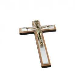 Palais du Rosaire Croix du Christ en bronze et en bois sur fond miroir 12cm^ Crucifix Bois | Crucifix Métal