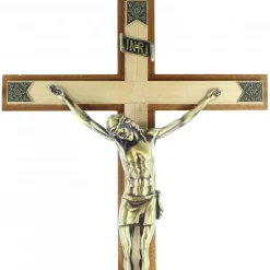 Palais du Rosaire Croix en bois bi-colore avec Christ couleur bronze 45cm^ Crucifix Bois | Crucifix Métal