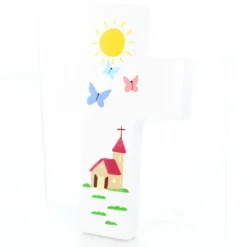 Palais du Rosaire Croix enfantine blanche Eglise et Papillons de 12cm^ Communion | Croix Religieuse