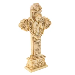 Palais du Rosaire Croix pied avec ange 21cm en pierre et resine beige^ Crucifix Résine