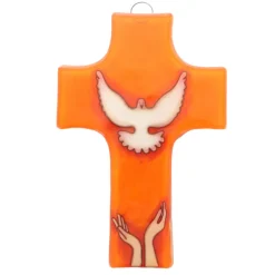 Palais du Rosaire Croix religieuse en verre orange illustrée d'une colombe 8x12cm^ Croix Religieuse