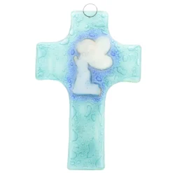 Palais du Rosaire Croix religieuse en verre illustrée d'un ange priant 8x12cm^ Croix Religieuse