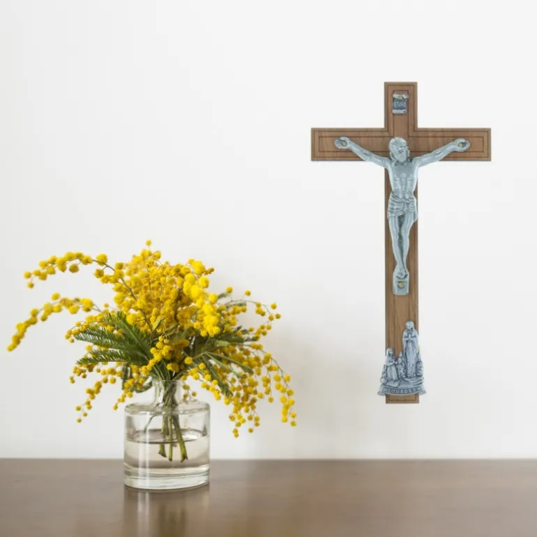 Palais du Rosaire Crucifix bois Christ et Apparition de Lourdes argentés 12 cm^ Crucifix Bois