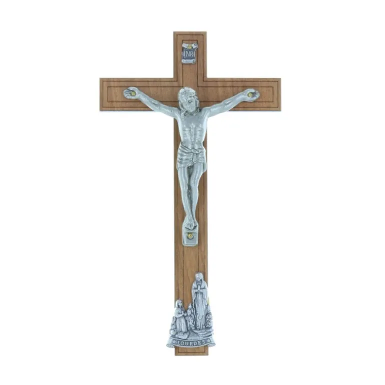 Palais du Rosaire Crucifix bois Christ et Apparition de Lourdes argentés 16,5 cm^ Crucifix Bois