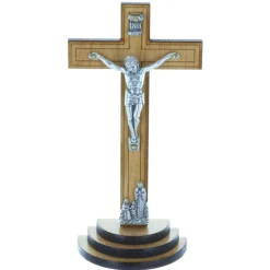 Palais du Rosaire Crucifix bois foncé sur un socle bois et Christ argenté 13,5 cm^ Crucifix Bois