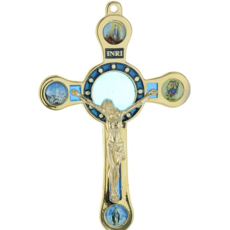 Palais du Rosaire Crucifix de Lourdes en métal doré avec 4 vues 12cm^ Crucifix Métal