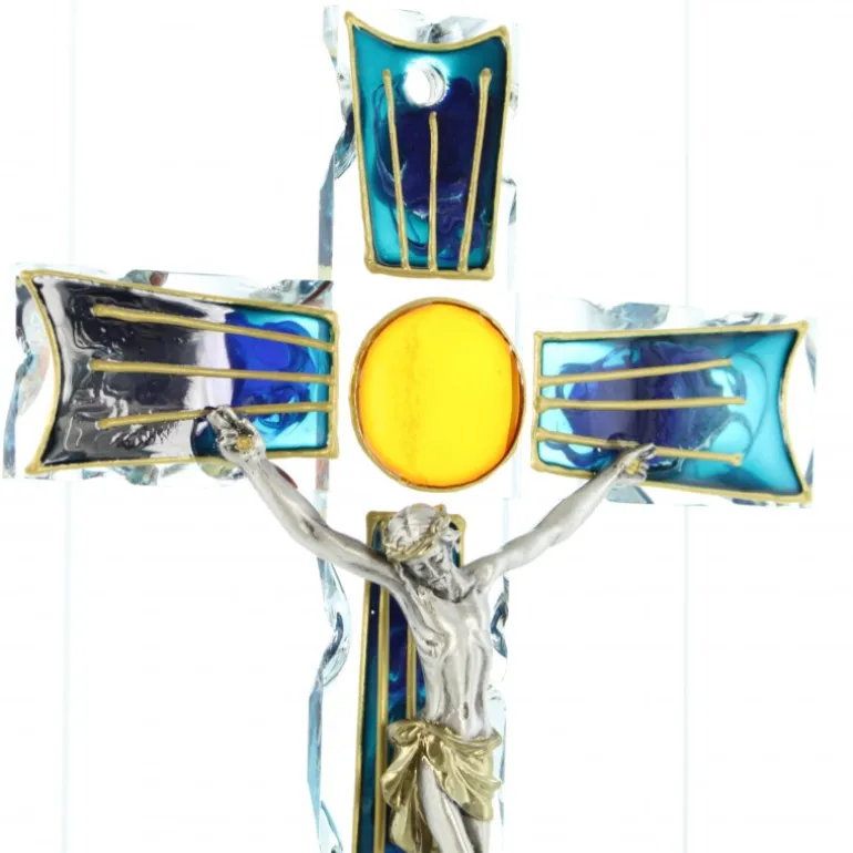 Palais du Rosaire Crucifix en verre coloré et doré avec Jésus Christ en métal^ Croix Religieuse | Crucifix Métal